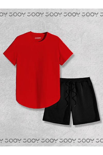 Jooy Red Oval Cut Tshirt - Black Combed Cotton Shorts Set of 2