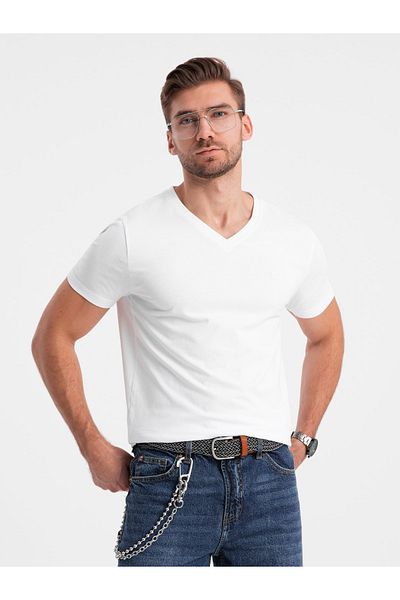 OMBRE Herren V-NECK T-Shirt mit Elasthan - weiß V1 OM-TSCT-0106 XL
