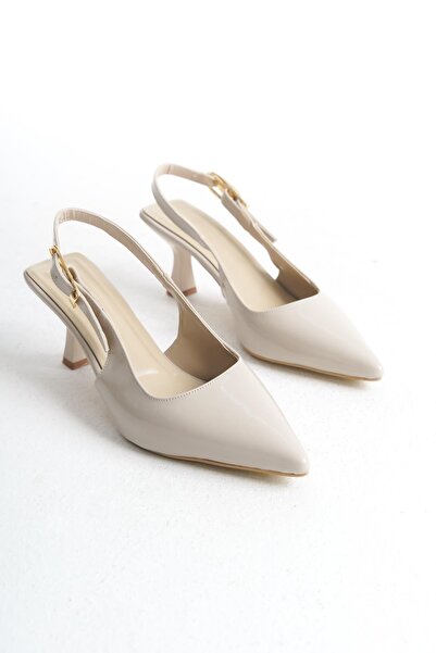 Bak Store Beige Patent Leather Gold Buckle Detailed Women's Heeled Shoes Stiletto