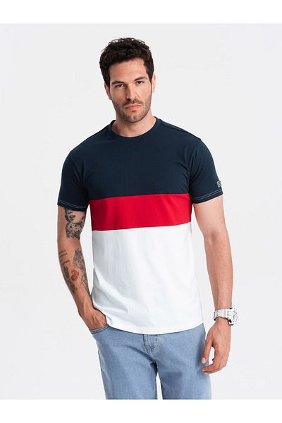 OMBRE Tricou tricolor pentru bărbați cu dungi largi - bleumarin și alb V1 OM-TSCT-0152 XXL