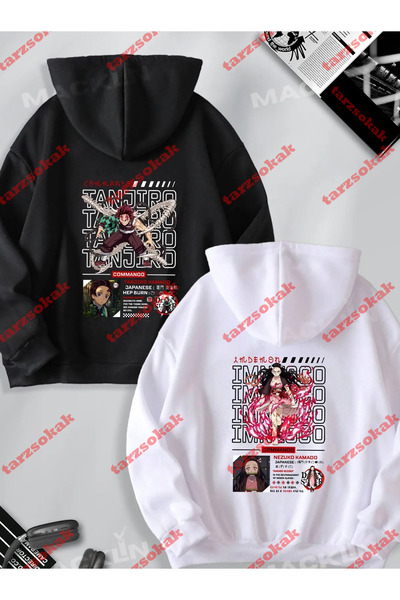 Tarzsokak Sevgili Çift Kombini Tanjiro ve Nezuko Anime Tasarım SIRT Baskılı Kapüşonlu Sweatshir