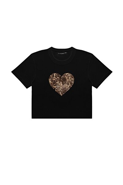 Bak Moda Heart Leopard Printed Black Crop Top