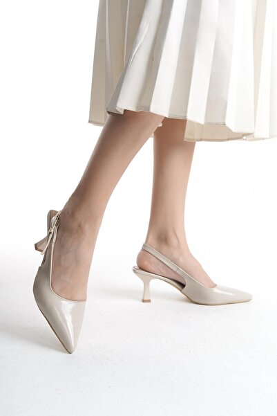 Bak Store Beige Patent Leather Gold Buckle Detailed Women's Heeled Shoes Stiletto