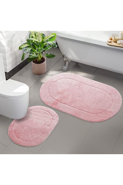 Dokumacıoğlu Rixos 2-Piece Pink Bath Mat Set - Non-Slip Leather Base and Washable Toilet Bowl