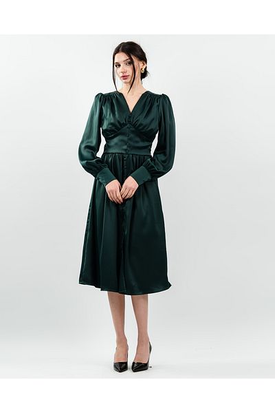 maf collection Γυναικείο βραδινό φόρεμα σατέν με πράσινο μπροστινό κορδόνι με λεπτομέρεια