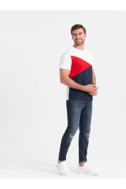 OMBRE Tri-color men's cotton t-shirt - white and navy blue V3 OM-TSCT-0174 XXL