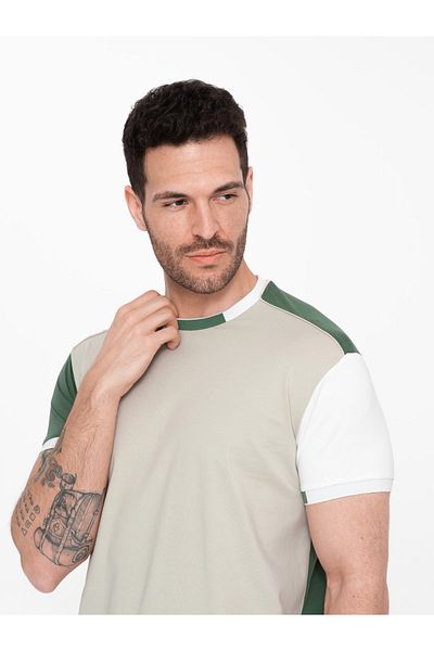 OMBRE Ανδρικό t-shirt με ελαστάνη με χρωματιστά μανίκια - πράσινο V5 OM-TSCT-0176 XXL