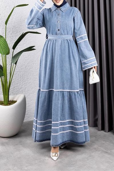 Kirazgym Blue Hijab Jeans Dress - Ribbed and Belted
