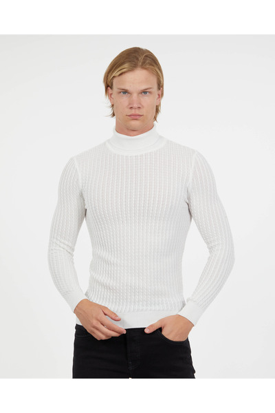 elkumoda Pulover cu gât țesut din bumbac natural, slim fit, fără pilule, tric...