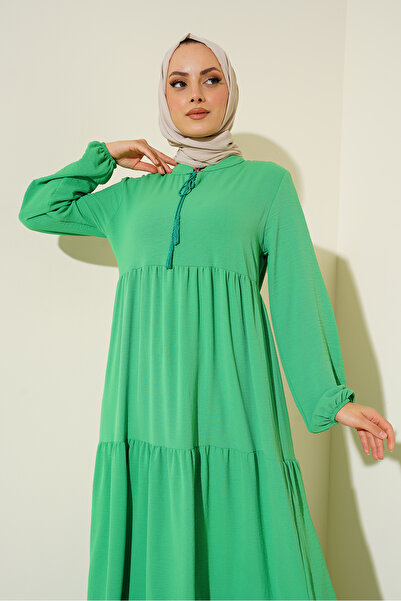 Bigdart 1627 Collar Lace-Up Hijab Dress - Dark Green