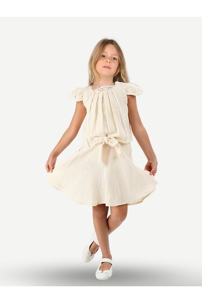 Casabony Beige Muslin Lace Girl's Tunic + Skirt Set