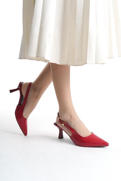 Bak Store Red Patent Leather Gold Buckle Detailed Women's Heeled Shoes Stiletto