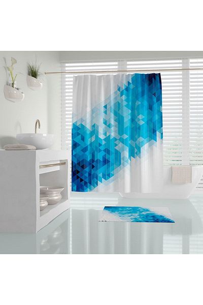 Zethome 1x180x200 Covoraș de baie pătrat albastru și set de perdele de duș cu o singură aripă