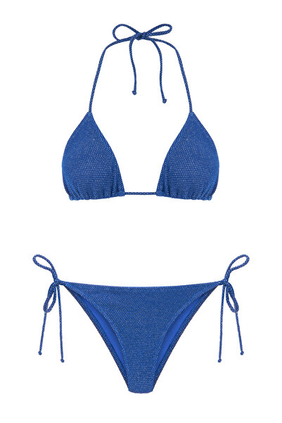 AQUELLA Gümüş Simli Saks Mavi Arkası Büzgülü Bikini Takım