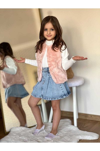 CoolCix New Season Plush Vest-Denim Skirt and Blouse Holiday 3-Piece Set