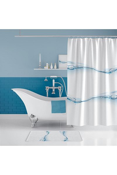 Zethome 1x180x200 Σετ πατάκι μπάνιου και κουρτίνα μπάνιου μονής πτέρυγας - Water Drop