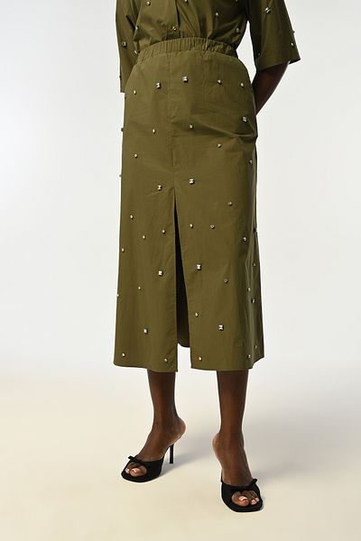 Orfeo Negro Women's Khaki Color Front Stone Embroidered Slip Skirt