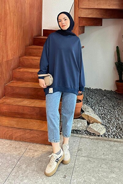 lamelif Navy Blue Oversize Sweatshirt - Label Detailed