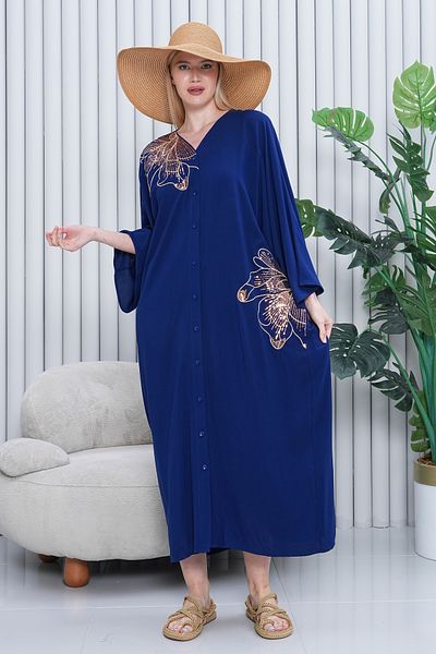 AYASOFYA OTANTIK Women's Navy Blue Lurex Embroidery Detail Oversize Loose Shirt Dress