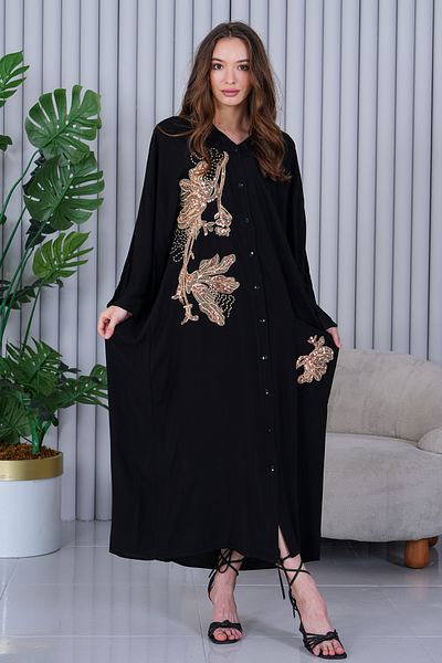 AYASOFYA OTANTIK Women's Black Lurex Embroidery Detail Oversize Loose Shirt Dress