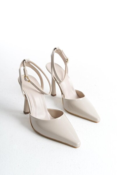 Bak Store Beige Patent Leather Women's Heeled Shoes Stiletto 10 cm