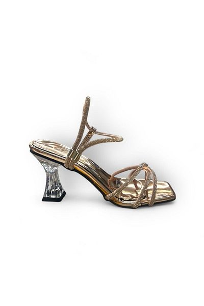 Firibu Women's Silver Transparent Heeled Stone Evening Dress Low Heeled Evening Dress Shoes