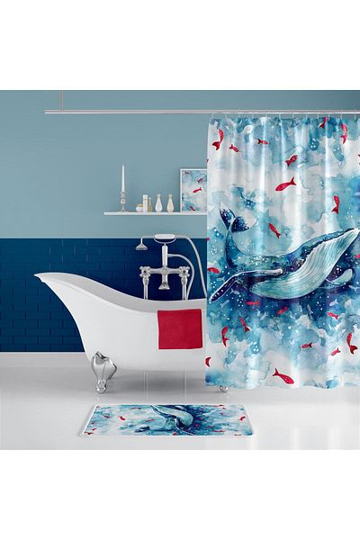 Zethome 1x180x200 Set covoraș de baie Whale și perdea de duș cu o singură aripă