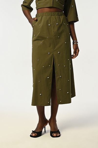Orfeo Negro Women's Khaki Color Front Stone Embroidered Slip Skirt