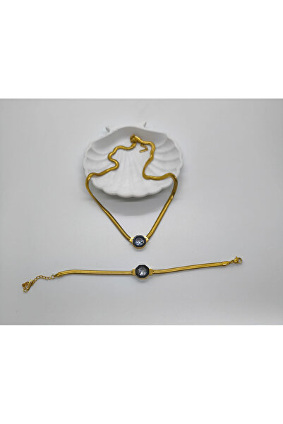 ozgurca aksesuar İtalyan Zincir Taşlı Çelik Kolye Bileklik Set, Çağla Şikel B...