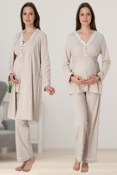 Pelin Kadın Dantel Detaylı Biyeli Bej Lohusa Hamile Sabahlıklı Pijama Takımı