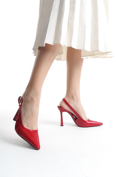 Bak Store Red Patent Leather Gold Buckle Detailed Women's Heeled Shoes Stiletto