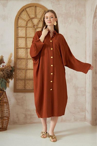 Pasaklı Giyim Women's Bat Sleeve Suitable for Hijab Shirt Dress Linen Blended Tunic 3282420