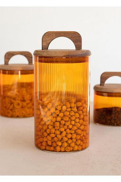 The Mia Acacia Glass Jar with Handle Amber 1000 ml