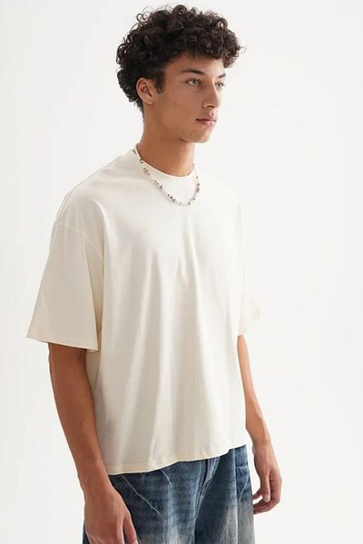 Tarz Cool Ανδρικό μπλουζάκι μπεζ Oversize Crew Neck 100% βαμβακερό
