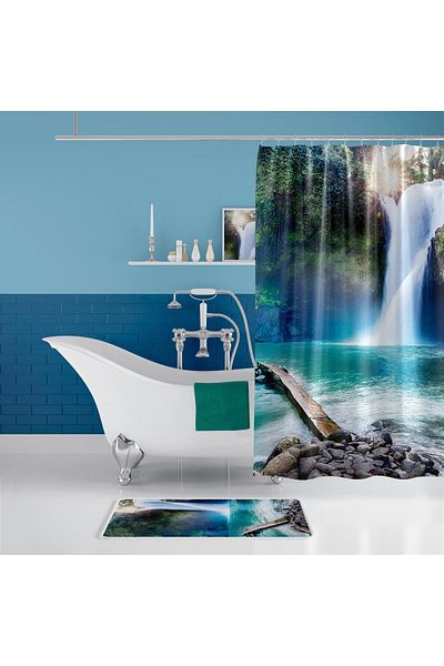 Zethome Covoraș de baie 1x180x200 și perdea de duș cu o singură aripă - Set de covoare pentru baie în cascadă