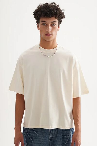 Tarz Cool Ανδρικό μπλουζάκι μπεζ Oversize Crew Neck 100% βαμβακερό