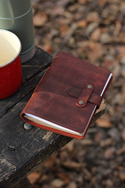 Hi Leather El Yapımı Hakiki Deri Ciltli A6 Defter Kızıl Kahve