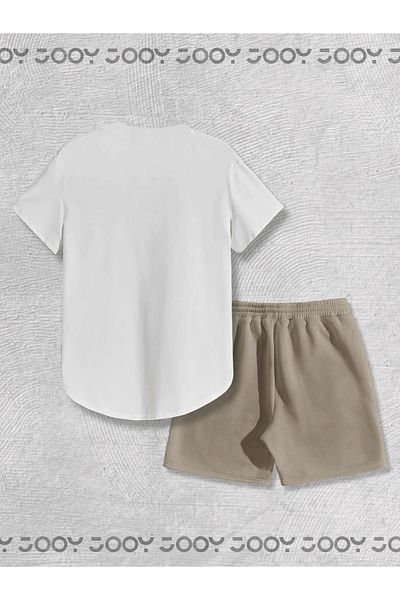 Jooy White Oval Cut Tshirt - Beige Combed Cotton Shorts Set of 2
