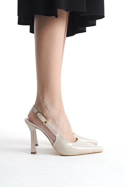 Bak Store Beige Patent Leather Gold Buckle Detailed Women's Heeled Shoes Stiletto