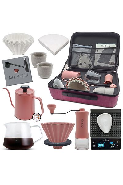 MIBRU V60 Set Coffee Maker Set Of 14 Pcs Pour Over Complete Drip Coffee Set With Case&coffee Grinder Pink