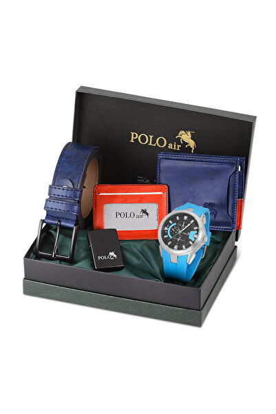 Polo Air Erkek Set Kombin Kemer Cüzdan Kartlık Çakmak Kol Saati Hediyelik Kutusunda Lacivert Set PL-0974E2