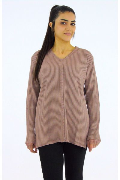 Tuğra V-Neck Full Needle Ribbed Knitwear Sweater