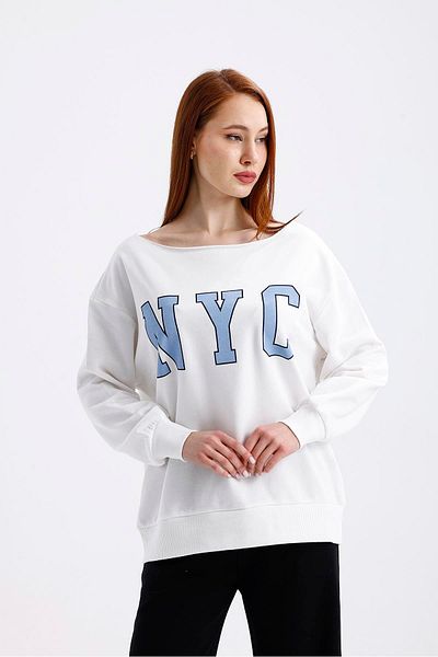 Miss Murem Nyc مطبوعة طية صدر السترة القذرة خياطة Sweat-ECRU