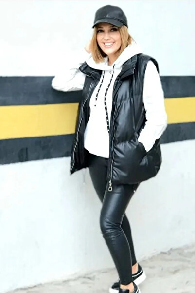 Papatya Siyah Deri Şişme Yelek