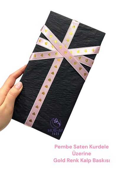 HUR-AY PACK ΡΟΖ Σατέν Κορδέλα - GOLD HEART Printed, 1,5 cm, 3 μέτρα