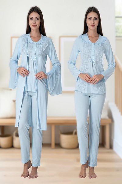 Pelin Set de pijamale de maternitate pentru femei, albastru, cu rochie de maternitate