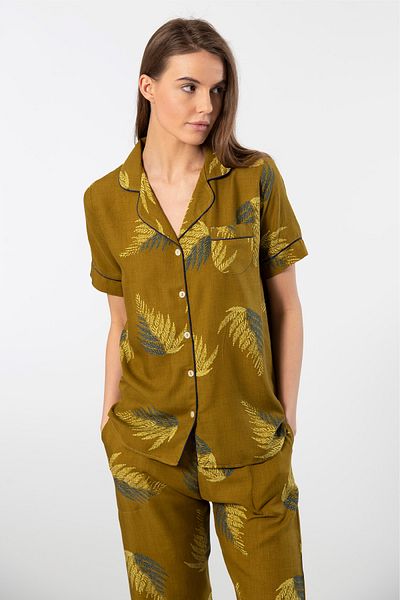 TÜREN Women's Viscose Pajamas Set - Front Button, Leaf Print, Short Sleeve, Shirt Neck