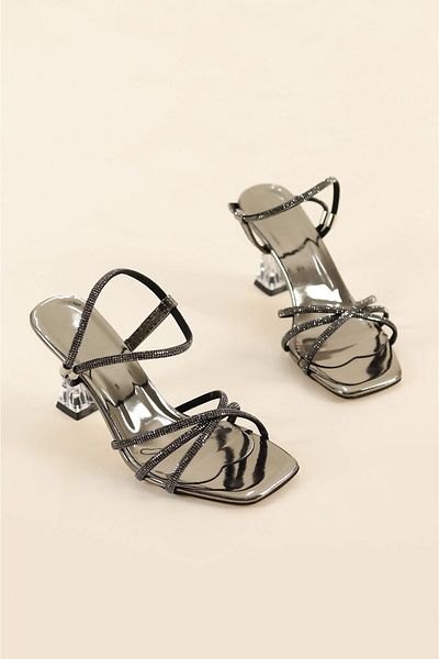 Firibu Women's Silver Transparent Heeled Stone Evening Dress Low Heeled Evening Dress Shoes
