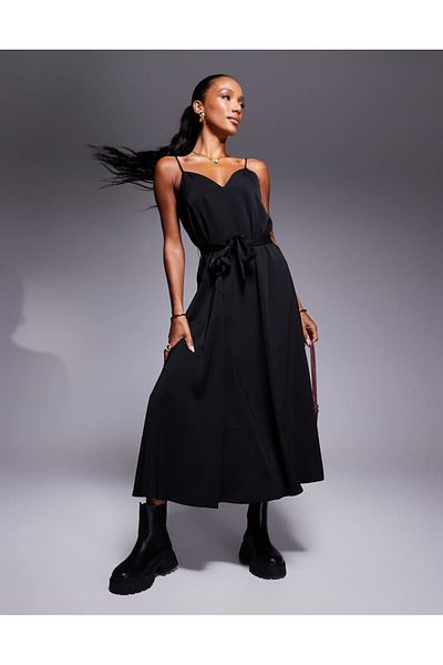 Armani Exchange V-Neck Black Midi Dress - Xw with Detachable Waist Belt and Back Detail 000153   Af10840-Uc001
