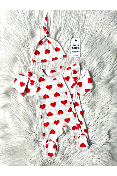 Linda Harris Big Heart Pattern Baby Girl Jumpsuit with Hat